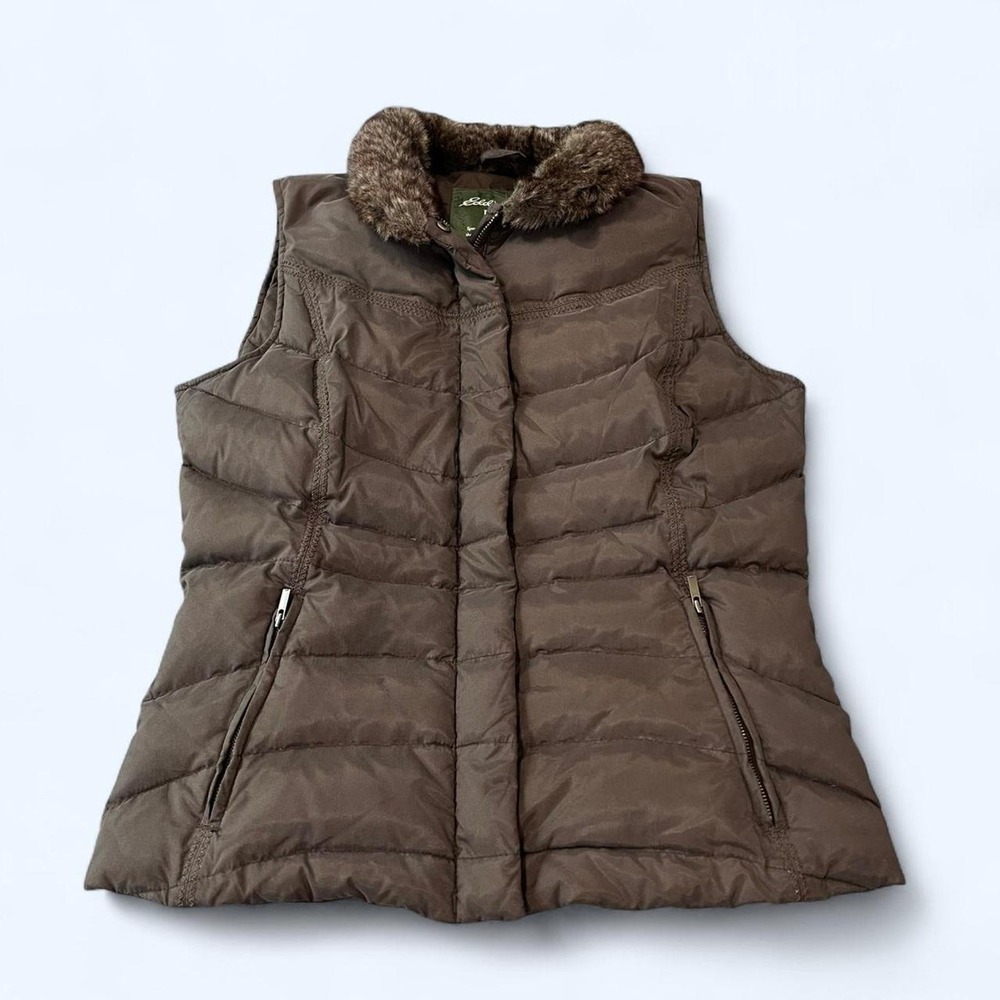 Eddie Bauer Women Brown Down Puffer Vest Faux Fur Collar Quilted Size S
